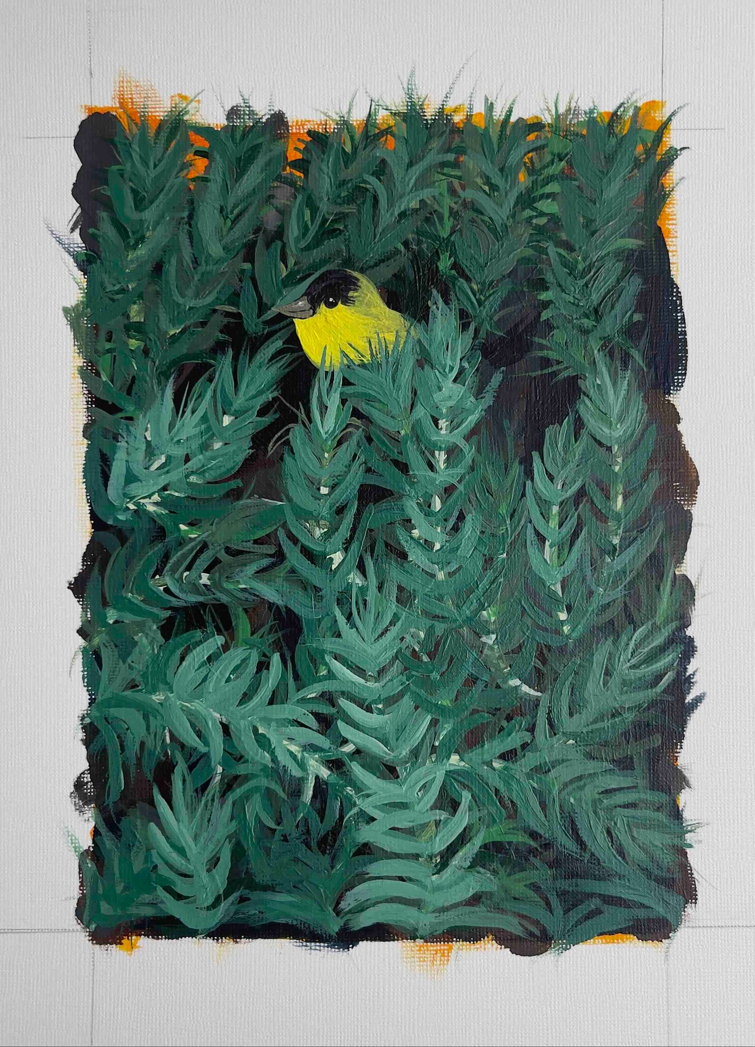 Acrylic painting on white paper. Yellow small bird surrounded by green rosemary 