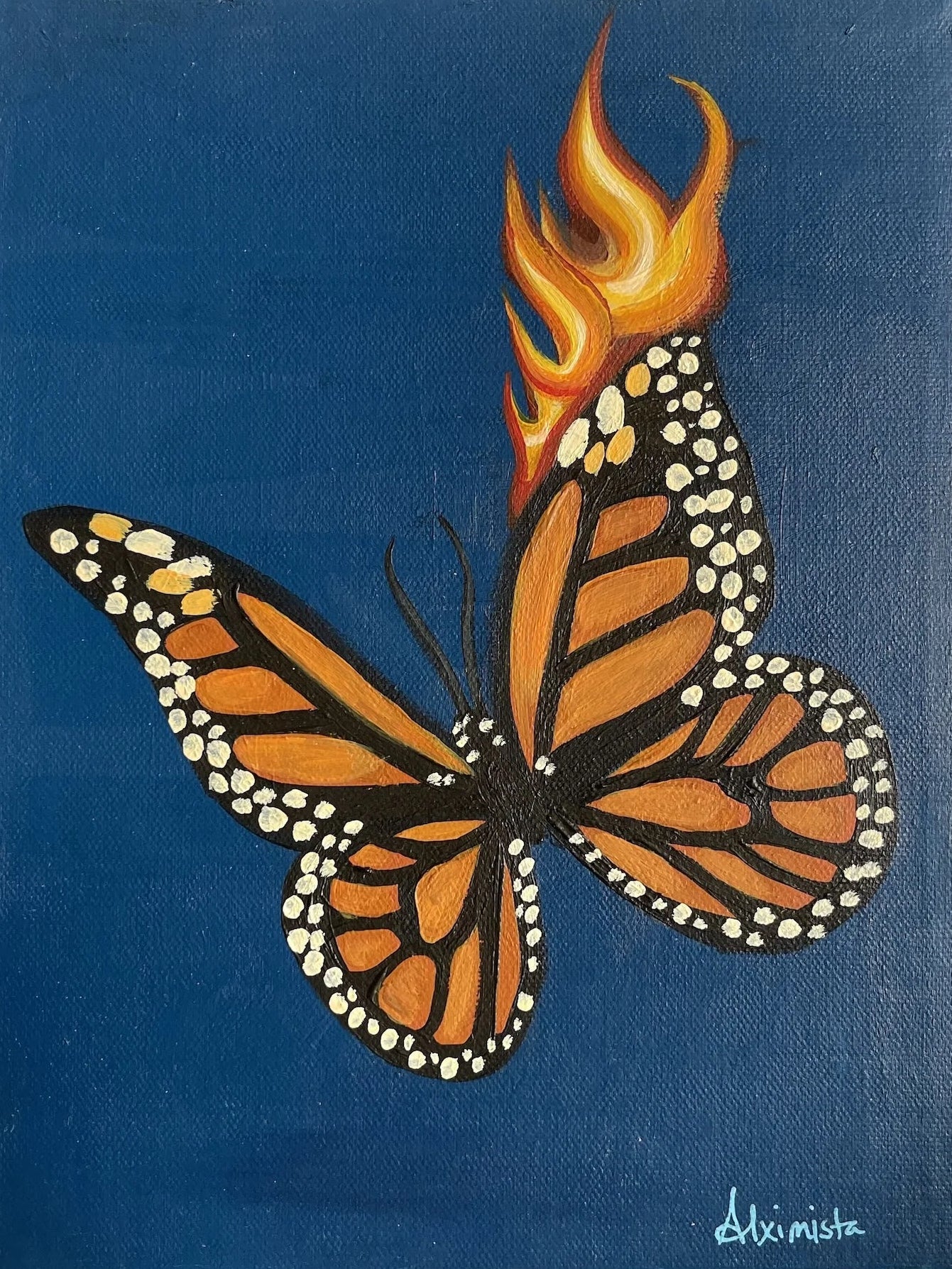 Painting of a butterfly with flames on a blue background