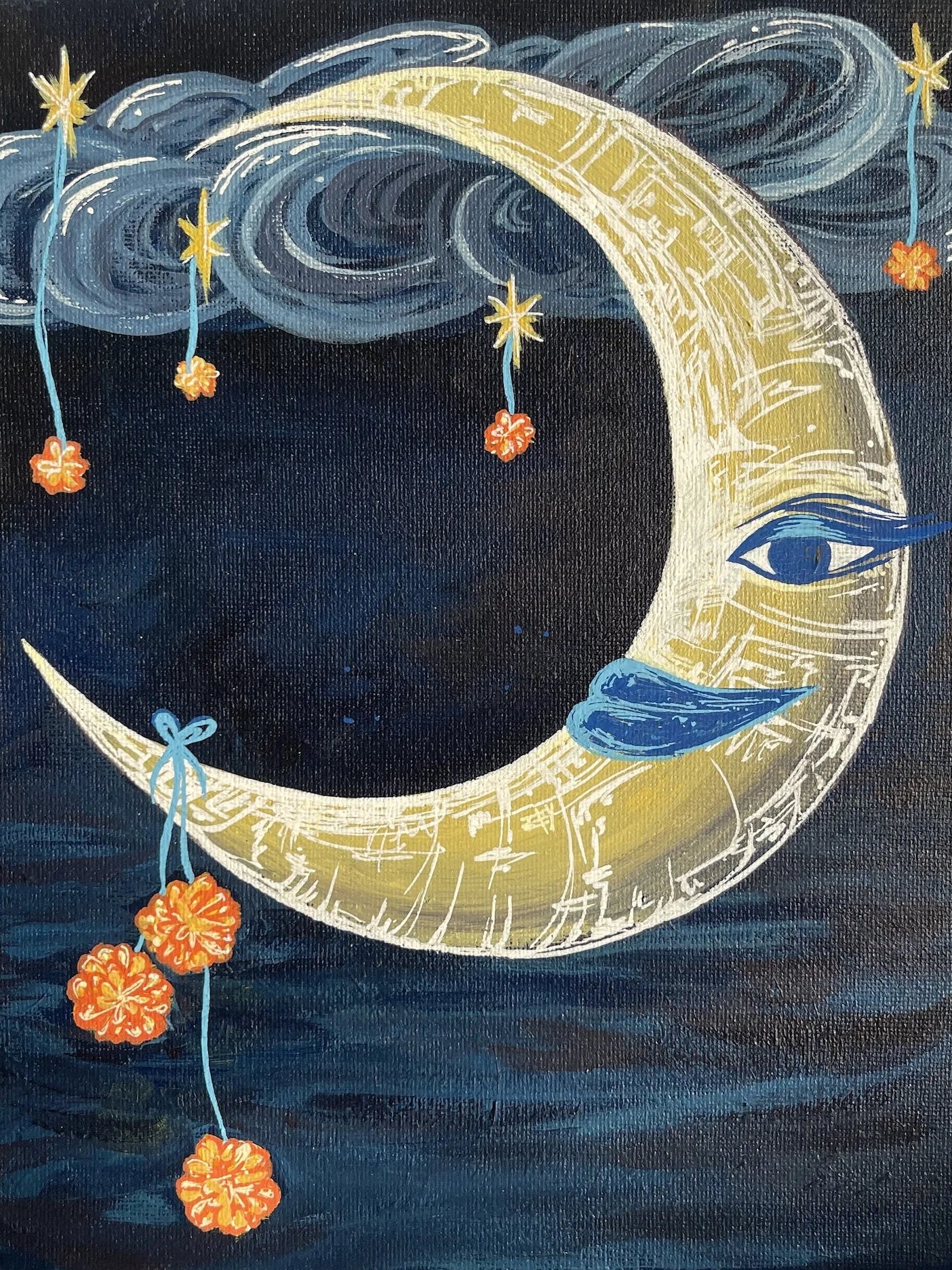 Canvas painting of a stylized moon with flowers and stars on a dark blue background