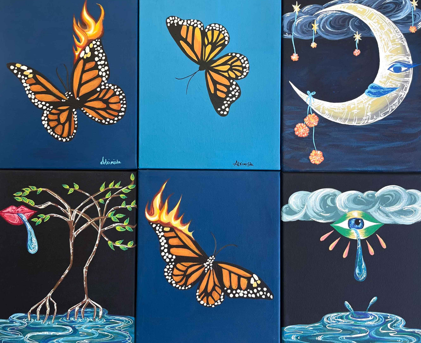 6 small 8x10 acrylic paintings that are aligned in a grid. Primarily blue or dark blue background across all paintings. From top left to right, 1. Blue background, monarch butterfly on fire with flame on right wing. 2. Light blue background with monarch butterfly flying facing down. 3. A moon smiling and marigolds hanging from stars 4. A dark blue background with mangroves growing from a water drop from a lip 5. A butterfly on fire 6. An eye with a drop that has formed a puddle